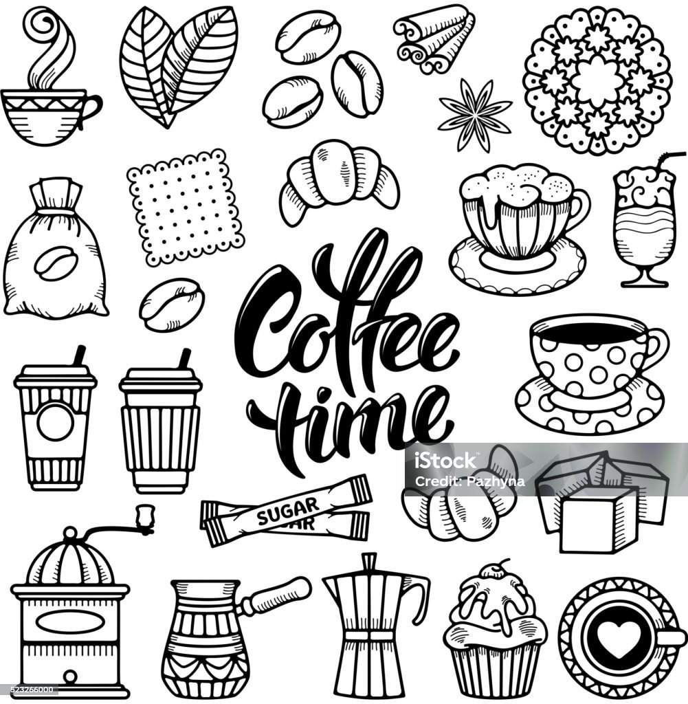 Coffee icon Coffee Theme Icons Set in Minimalistic Outline Hand Drawn Doodle Style. Calligraphic Lettering Coffee Time. Vector Illustration. Isolated on White Background. Bag stock vector