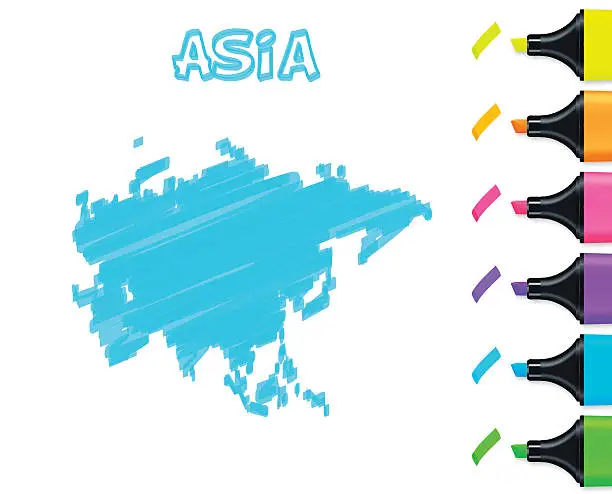 Vector illustration of Asia map hand drawn on white background, blue highlighter