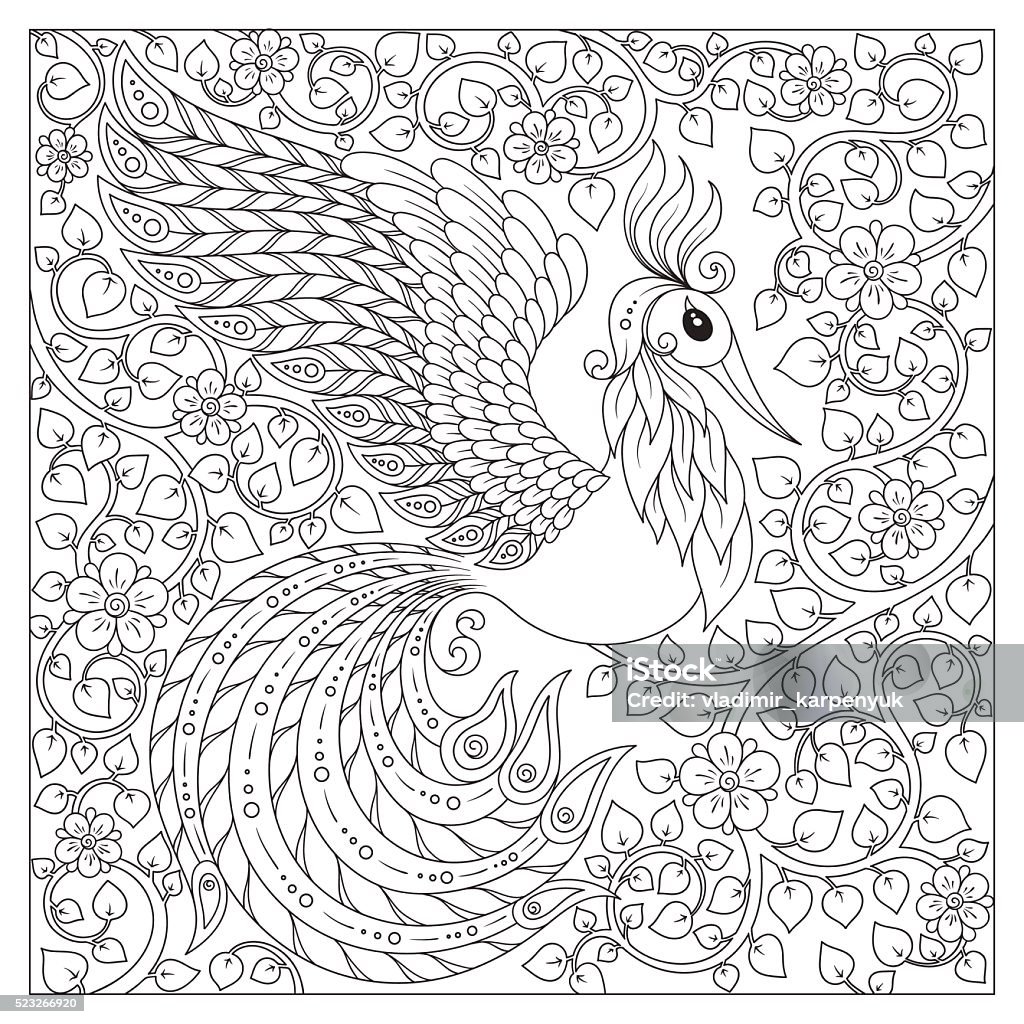 Peacock. Adult antistress coloring page. Peacock. Adult antistress coloring page. Black and white hand drawn doodle for coloring book Abstract stock vector