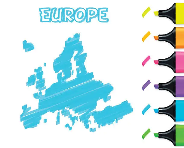 Vector illustration of Europe map hand drawn on white background, blue highlighter