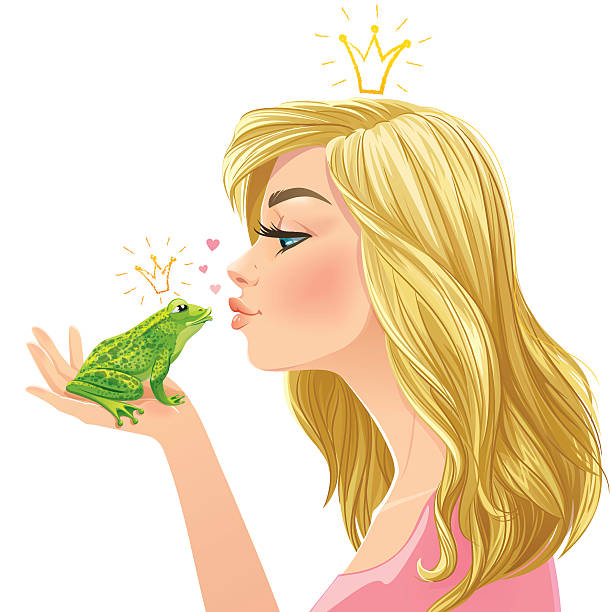 stockillustraties, clipart, cartoons en iconen met young beautiful lady kisses a green frog - kiss