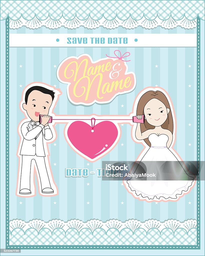 wedding invitation card, cute couple talking phone wedding invitation card,  cute couple talking through a string phone (cup or paper phone) Anniversary stock vector