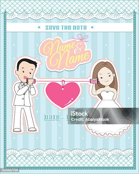 Wedding Invitation Card Cute Couple Talking Phone Stock Illustration - Download Image Now - Anniversary, Beauty, Blue