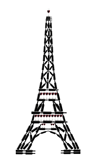 eiffel tower made of wine bottles and glasses