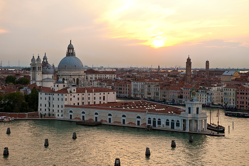 A sunset view from the Canal Grande with Basilica di Santa Maria della Salute in Venice, Italy