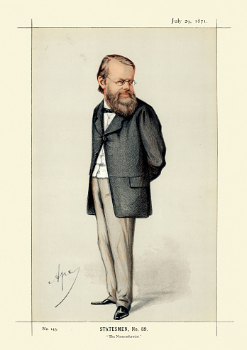 Victorian caricature of Edward Miall, 1809 to 1881 was an English journalist, apostle of disestablishment, founder of the Liberation Society, and Liberal Party politician.. By Ape (Carlo Pellegrini). Vanity Fair 1871