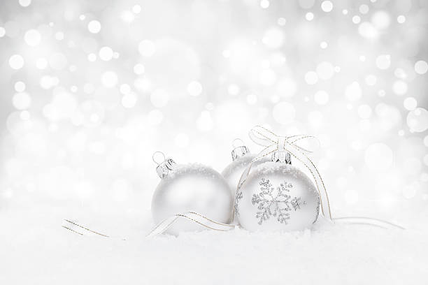 istock Three silver bauble with snowflake decoration and ribbon 523274381