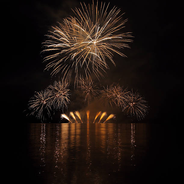 istock Colorful fireworks with reflection on lake. 523274955