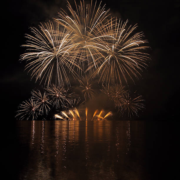 istock Colorful fireworks with reflection on lake. 523274961