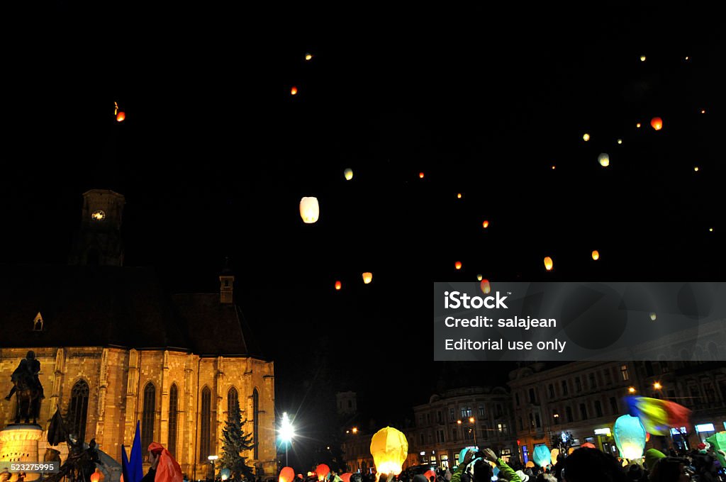 Air balloons released for Romanian King Michael Cluj Napoca, Romania - November 8, 2014: Romanians celebrate King Michael's name day, with thousands of air balloons released at night, as a sign of respect for his Majesty Abdication Stock Photo