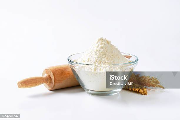 Wheat Flour And Rolling Pin Stock Photo - Download Image Now - Bowl, Baking, Close-up