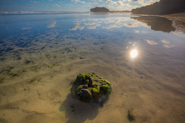 riflesso del sole e nube sulla spiaggia con rocce - reflection water rock beach foto e immagini stock