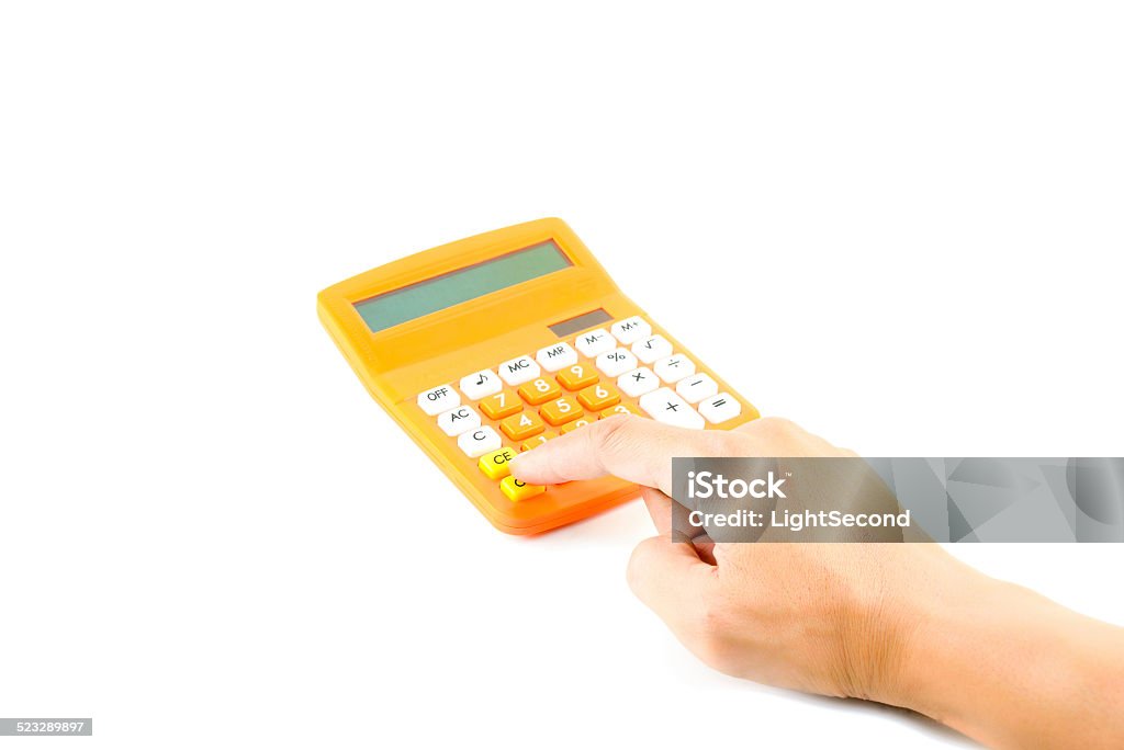 Calculator Orange calculator with hand on a white background Calculator Stock Photo