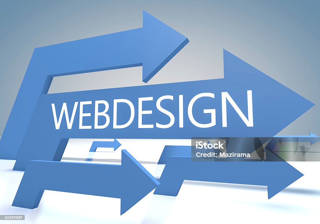 web design Webdesign 3d render concept with blue arrows on a bluegrey background. Abstract Stock Photo