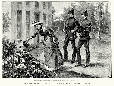 Vintage engraving of a landlords family under police protection in Ireland during the Plan of Campaign of 1886, part of the Land War. The Land War in Irish history was a period of agrarian agitation in rural Ireland in the 1870s, 1880s and 1890s. The agitation was led by the Irish National Land League and was dedicated to bettering the position of tenant farmers and ultimately to a redistribution of land to tenants from landlords. While there were many violent incidents and some deaths in this campaign, it was not actually a war, but rather a prolonged period of civil unrest. London Illustrated News, 1886