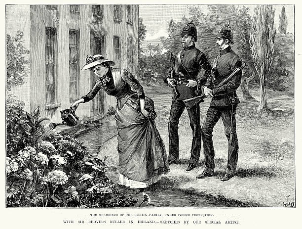 victorian irlandia, ziemia war-pod opiekę policji - engraving women engraved image british culture zdjęcia i obrazy z banku zdjęć