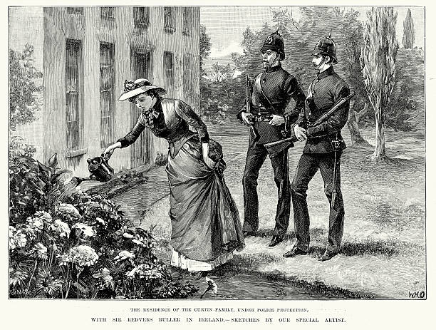 victorian irlanda terra guerra sob a protecção policial. - engraving women engraved image british culture imagens e fotografias de stock