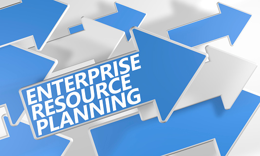 Enterprise Resource Planning 3d render concept with blue and white arrows flying over a white background.