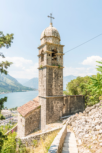 The ruins of the old fortress and a church in the mountains. Kotor. Montenegro