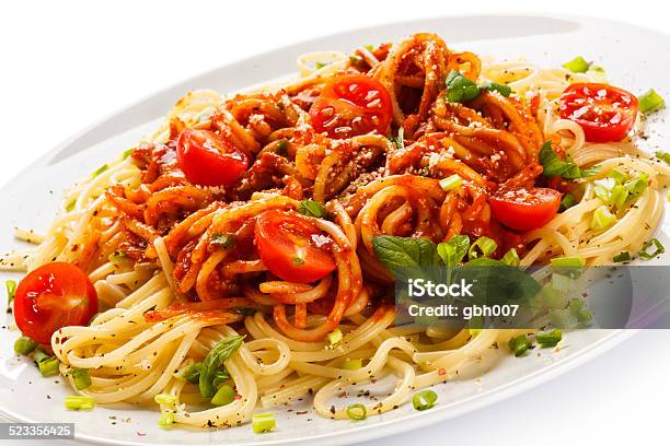 Pasta With Meat Tomato Sauce And Parmesan Stock Photo - Download Image Now - Basil, Boiled, Cheese
