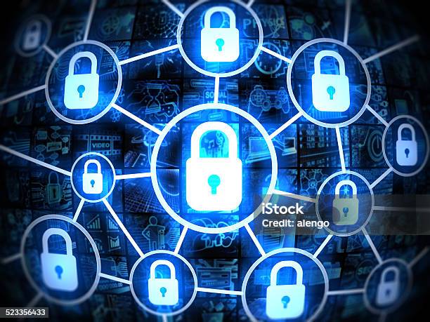 Secure System Concept On Video Wall Stock Photo - Download Image Now - Blue, Concepts, Concepts & Topics
