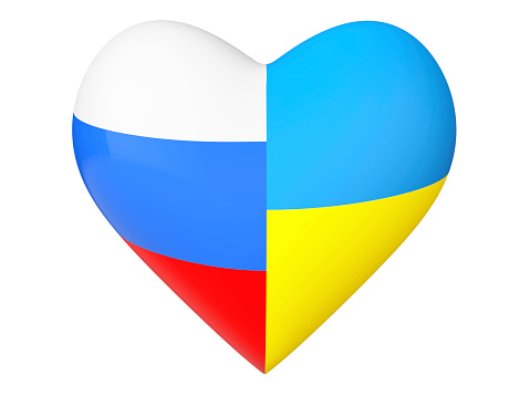 3d heart with Ukraine and Russia flags on a white background