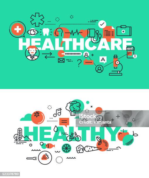 Set Of Vector Illustration Concepts Of Words Healthcare And Healthy Stock Illustration - Download Image Now