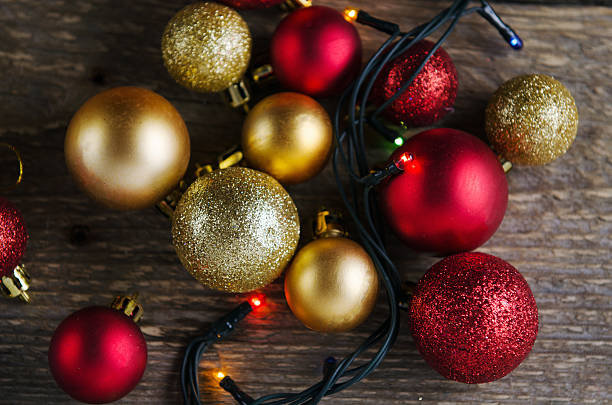 istock Christmas decorations balls on a wooden background 523379207