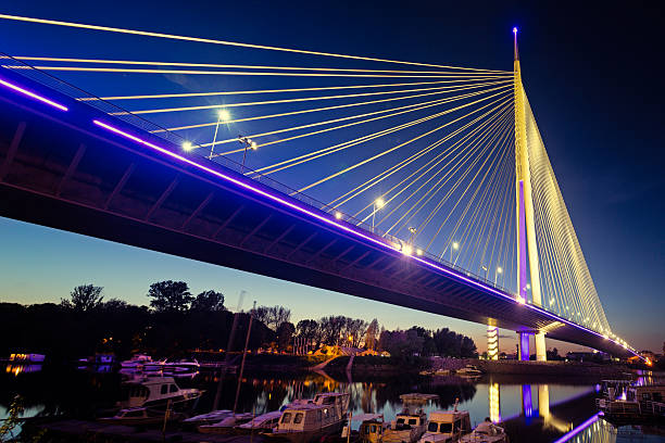 Ada Bridge at night, Belgrade, Serbia stock photo