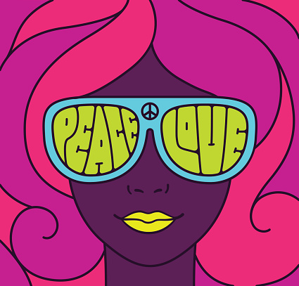 Hippie Love and Peace poster. Retro style typography, pretty girl in neon colors. Groovy vintage illustration.
