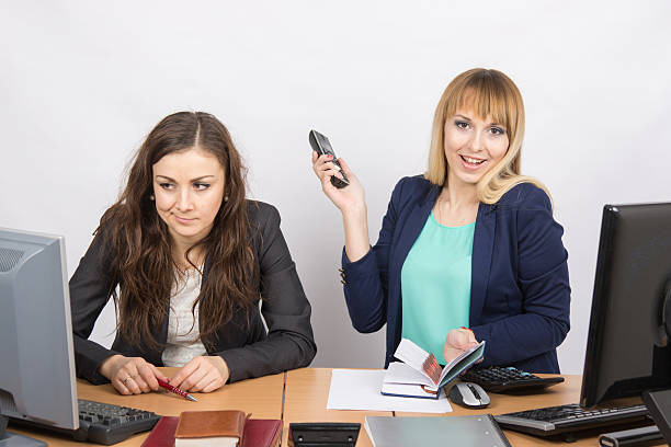 istock Joyful girl office with phone his hand close 523379754
