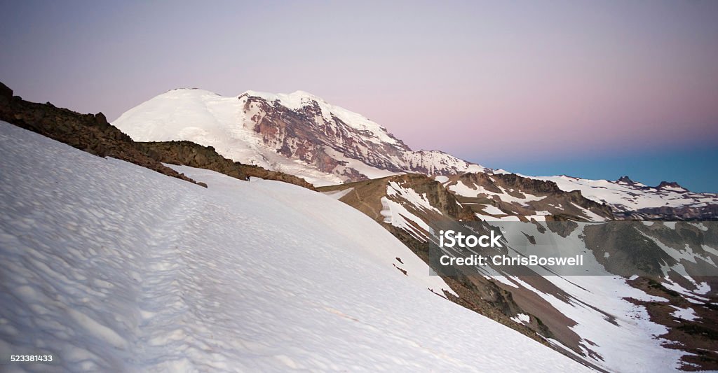 Early Morning Hike Burroughs Mountain Mt Rainier National Park A fairly treacherous ice field with a pitch capable of taking life hiking Burroughs Mountain Adult Stock Photo