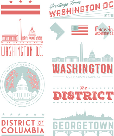 A set of vintage-style icons and typography representing Washington D.C., including landmark buildings and Georgetown. Each items is on a separate layer. Includes a layered Photoshop document. Ideal for both print and web elements.