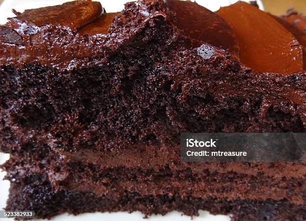 Homemade Chocolate Fudge Cake Slice Image Cream Ganache Butter Icing Stock Photo - Download Image Now