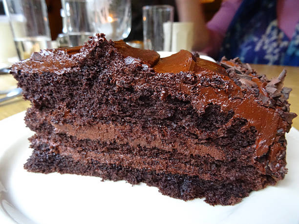 close up slice of 4 layer chocolate cake on cake server.cake has fudge layers with chocolate flakes on side of cake.white background.1of4 pictures of this cake. see lightbox below.http://www.garyalvis.com/images/foodDrink.jpg