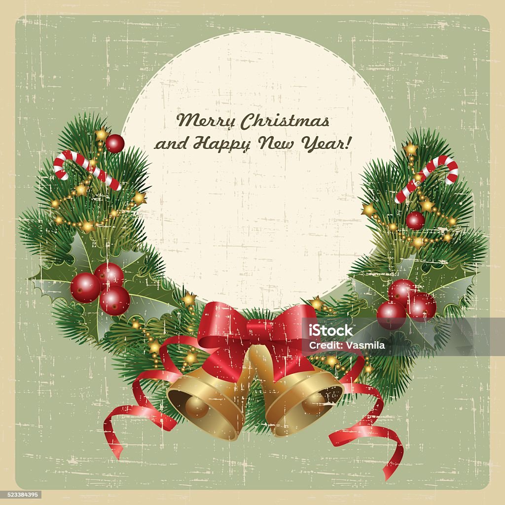 christmas card Christmas wreath with bells, holly and christmas tree on vintage background. Vector image Corner stock vector