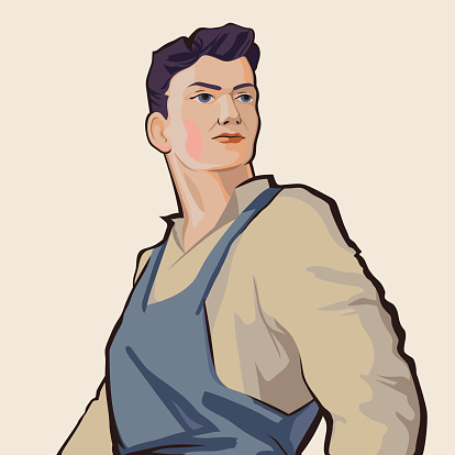 Blue-eyed young working man retro vector illustration