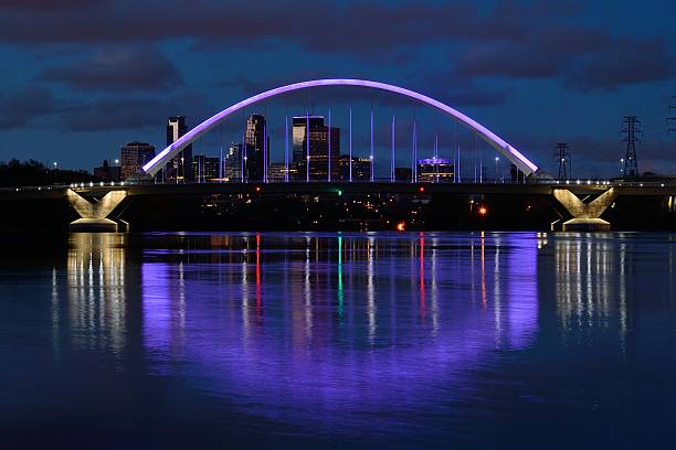 Lowry Avenue Bridge with Purple Lighting in Minneapolis stock photo