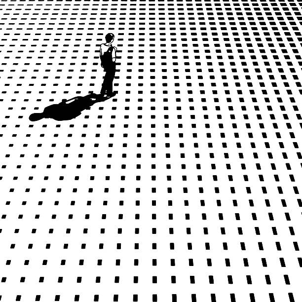 pemuda berjalan sendirian melalui dunia maya - kontras tinggi ilustrasi stok