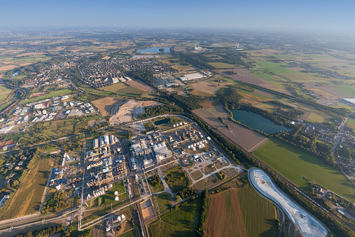 Industrial Park Solvay Rheinberg in the Lower Rhine Region of Germany - Aerial view of Rheinberg, North Rhine-Westfalia, Germany, Europe
