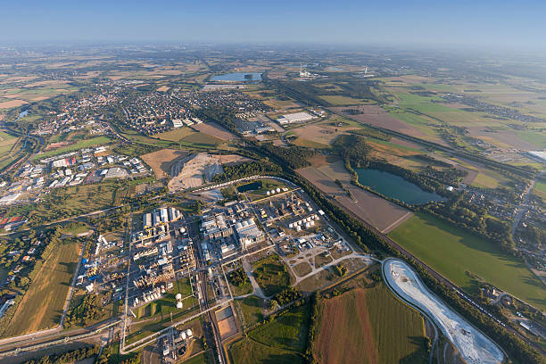 Industrial Park Solvay Rheinberg in the Lower Rhine Region Industrial Park Solvay Rheinberg in the Lower Rhine Region of Germany - Aerial view of Rheinberg, North Rhine-Westfalia, Germany, Europe rheinberg illumination stock pictures, royalty-free photos & images