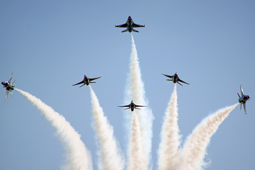 Riverside, California,USA- April 16,2016. USAF Thunderbirds F-16 jets flying at 2016 March Air Show in Riverside, California. The March Air Show features the USAF Thunderbirds and military aircraft performing free for the general public.