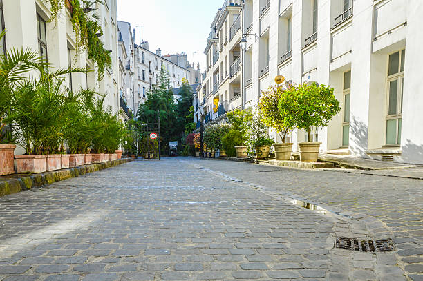istock Beautiful street in Paris with blue sky 523394167