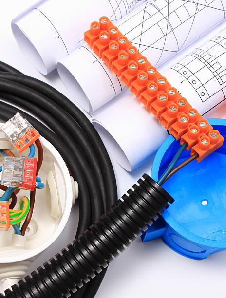 istock Components for electrical installations and rolls of diagrams 523394176
