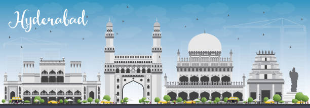 illustrazioni stock, clip art, cartoni animati e icone di tendenza di skyline di hyderabad con simboli grigio e cielo blu. - hyderabad