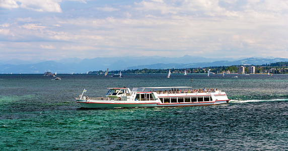 Boat on Bodensee lake between Germany, Switzerland and Austria