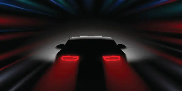 Vector illustration of car quickly rushes in the dark rear view