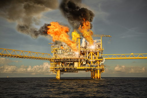 offshore oil and gas fire case or emergency case, firefighter operation to control fire on oil and gas production platform, offshore worst case and can't control fire, man overboard.