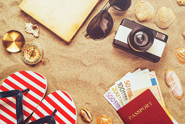 istock Summer vacation accessories on tropical sandy ocean beach, holid 523398834