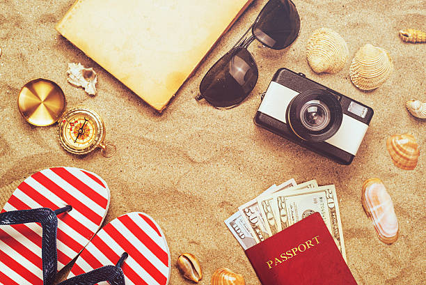 istock Summer vacation accessories on tropical sandy ocean beach, holid 523398876